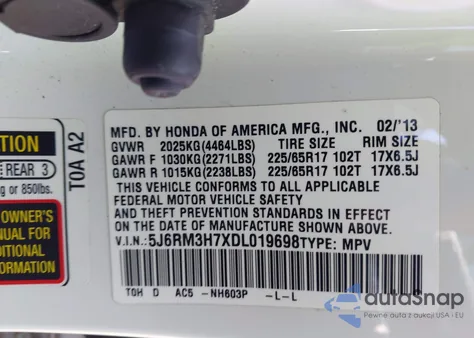 2013 Honda Cr-V Ex-L from USA, damaged, VIN 5J6RM3H7XDL019698